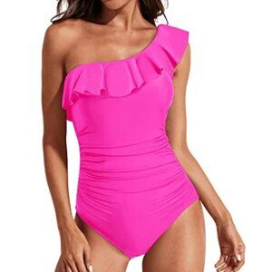 Tempt Me Womens Asymmetrical Neckline One Shoulder Ruffle Swimsuit Hot Pink Sz S